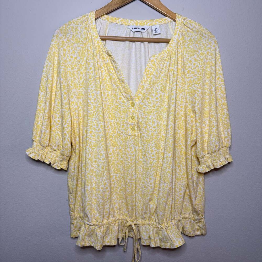 Lands' End Elbow Sleeve Jersey Gathered Hem Blouse in Yellow Floral